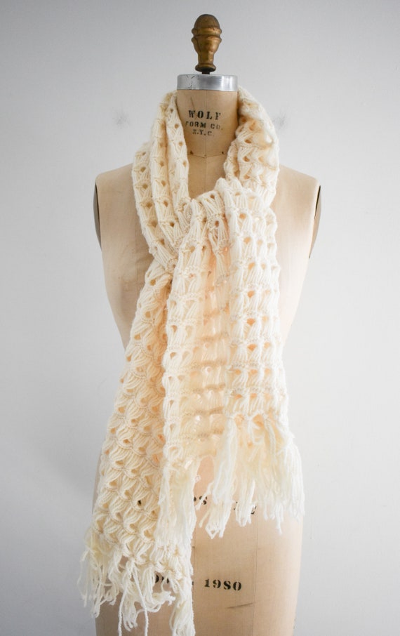 1970s Cream Open Knit Wide Fringed Scarf - image 3