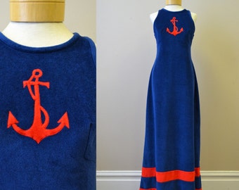 1960s Nautical Velour Maxi Dress