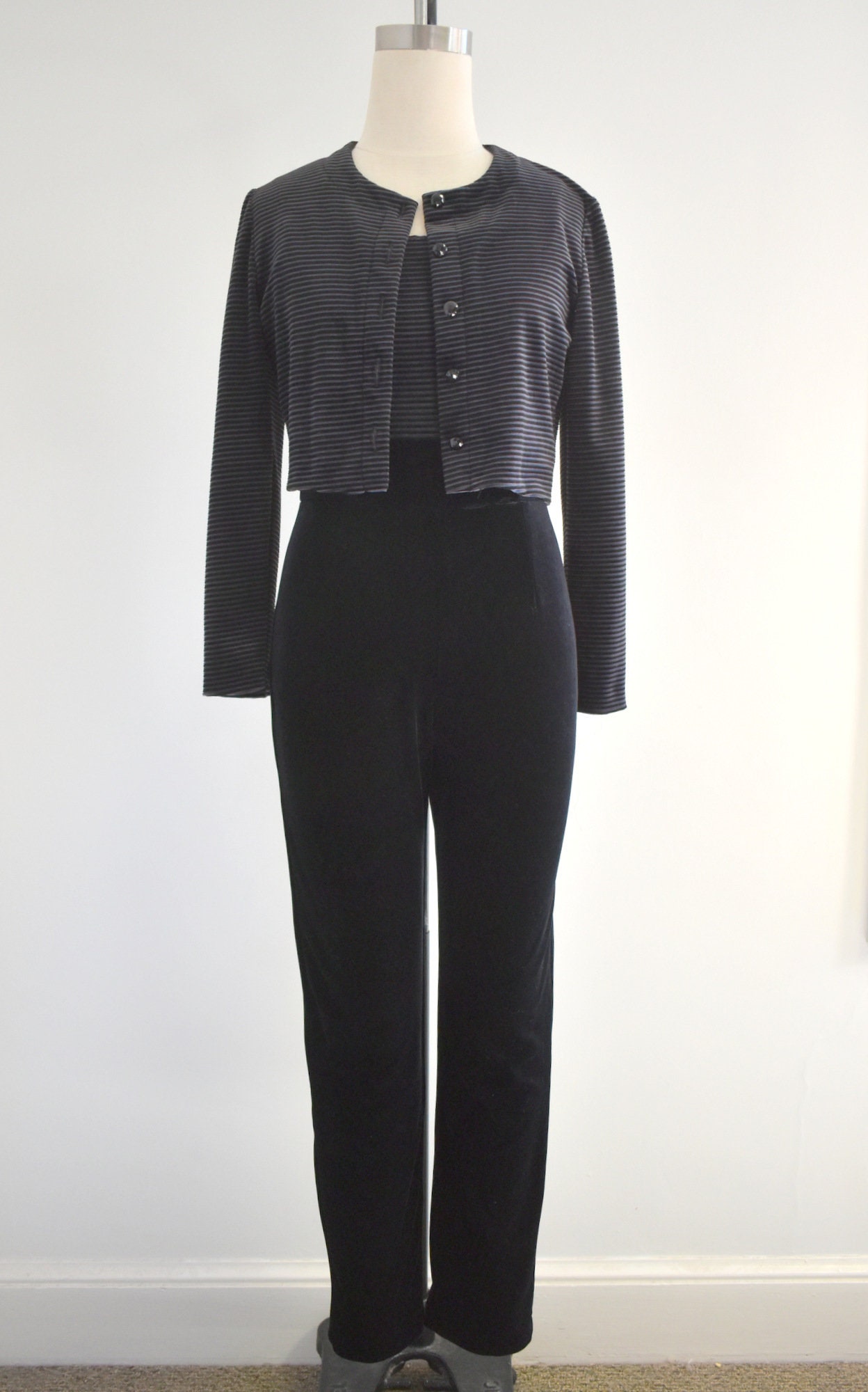 1990s Black and Charcoal Stretch Velour Jumpsuit and Matching
