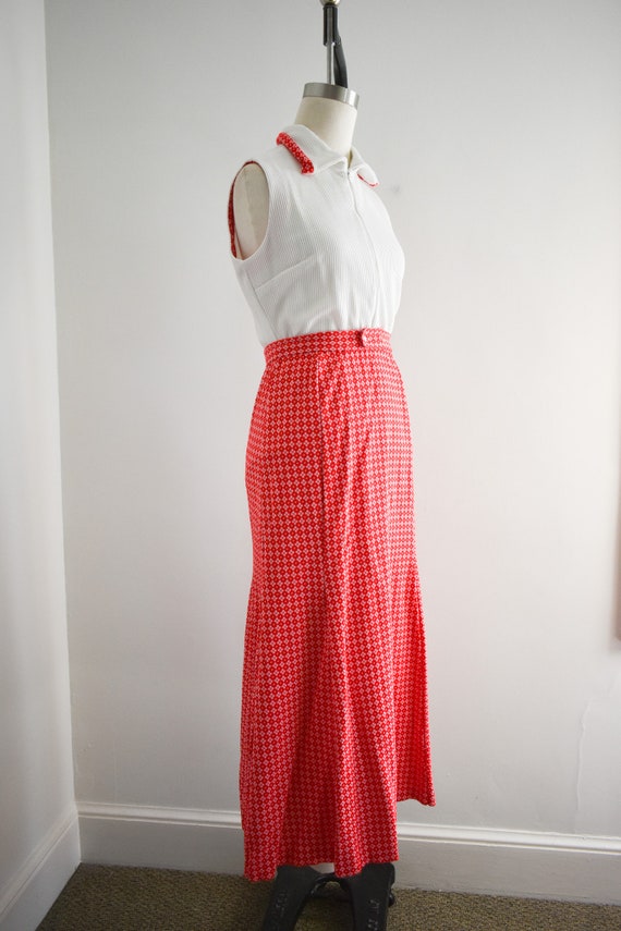 1970s White Bodysuit and Red Maxi Skirt Set Gem