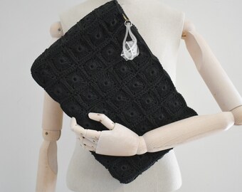 1940s Black Crochet Rectangle Clutch with Lucite Zipper Pull