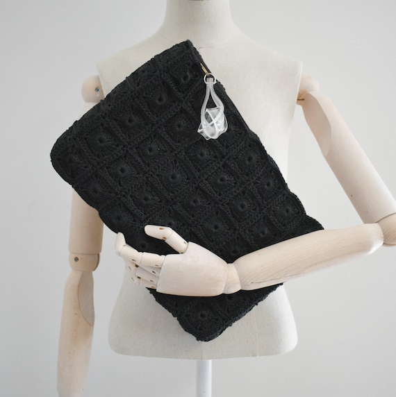 1940s Black Crochet Rectangle Clutch with Lucite Z
