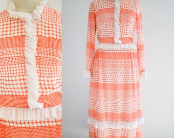 1960s Miss Elliette Polka Dot and Ruffles Maxi Dress