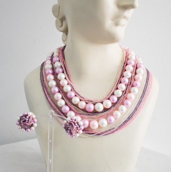 1950s/60s Pink and Purple Beaded Necklace and Clip