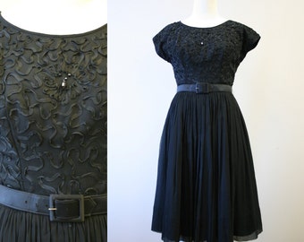 1960s R&K Black Soutache and Chiffon Party Dress