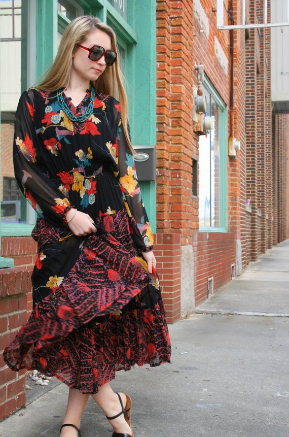 1970s Adini Floral Chiffon Tiered Midi Dress - image 2