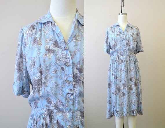 1940s Eve Carver Blue Floral Sheer Jersey Dress