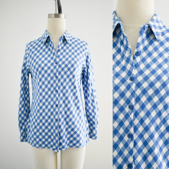 1990s Blue Gingham Linen Blend Blouse