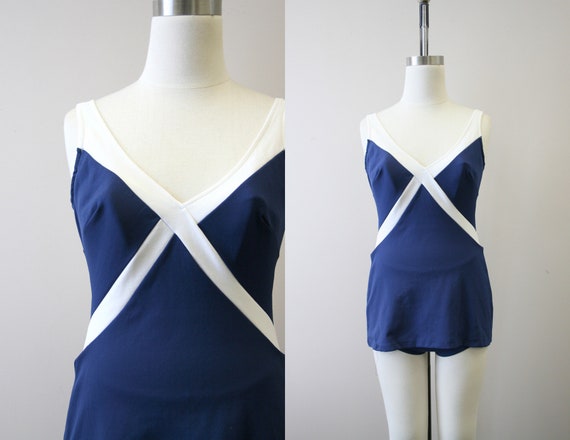 1960s Robby Len Navy and White Swimsuit
