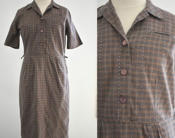 1950s Brown Plaid Cotton Shirtwaist Dress