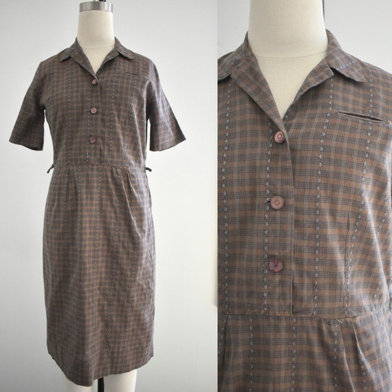 1950s Brown Plaid Cotton Shirtwaist Dress - image 1