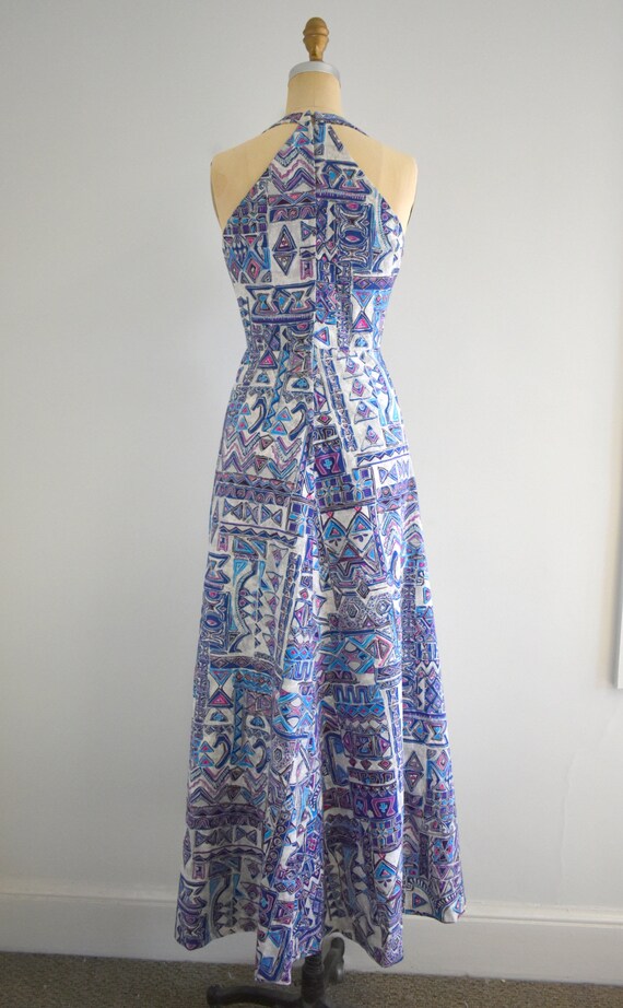 1960s Purple Polynesian Print Barkcloth Maxi Halt… - image 6