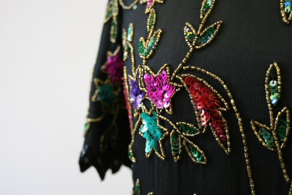 1980s Laurence Kazar Floral Sequin and Bead Blouse - image 4