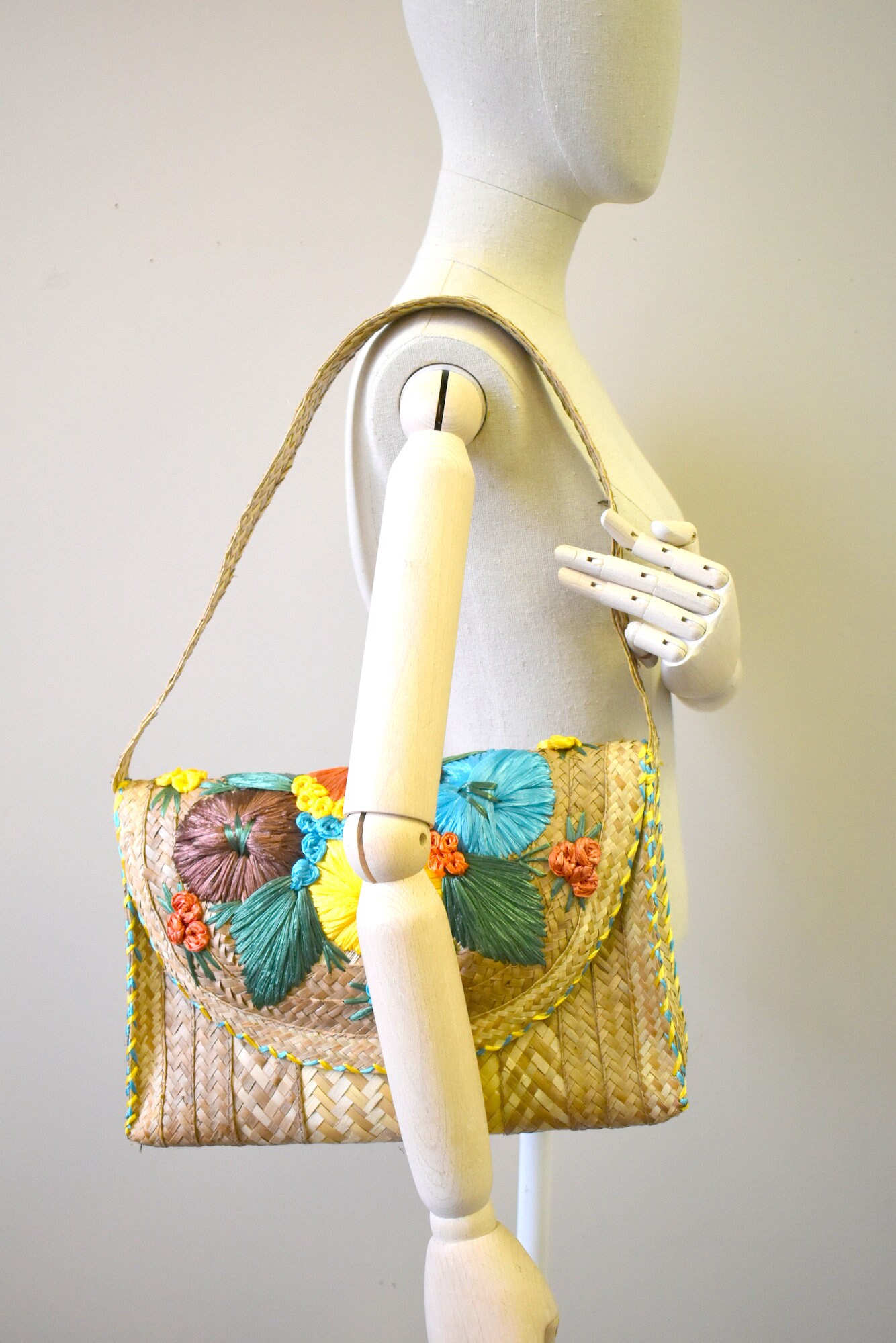 1970s Embroidered Raffia and Straw Shoulder Bag | Etsy