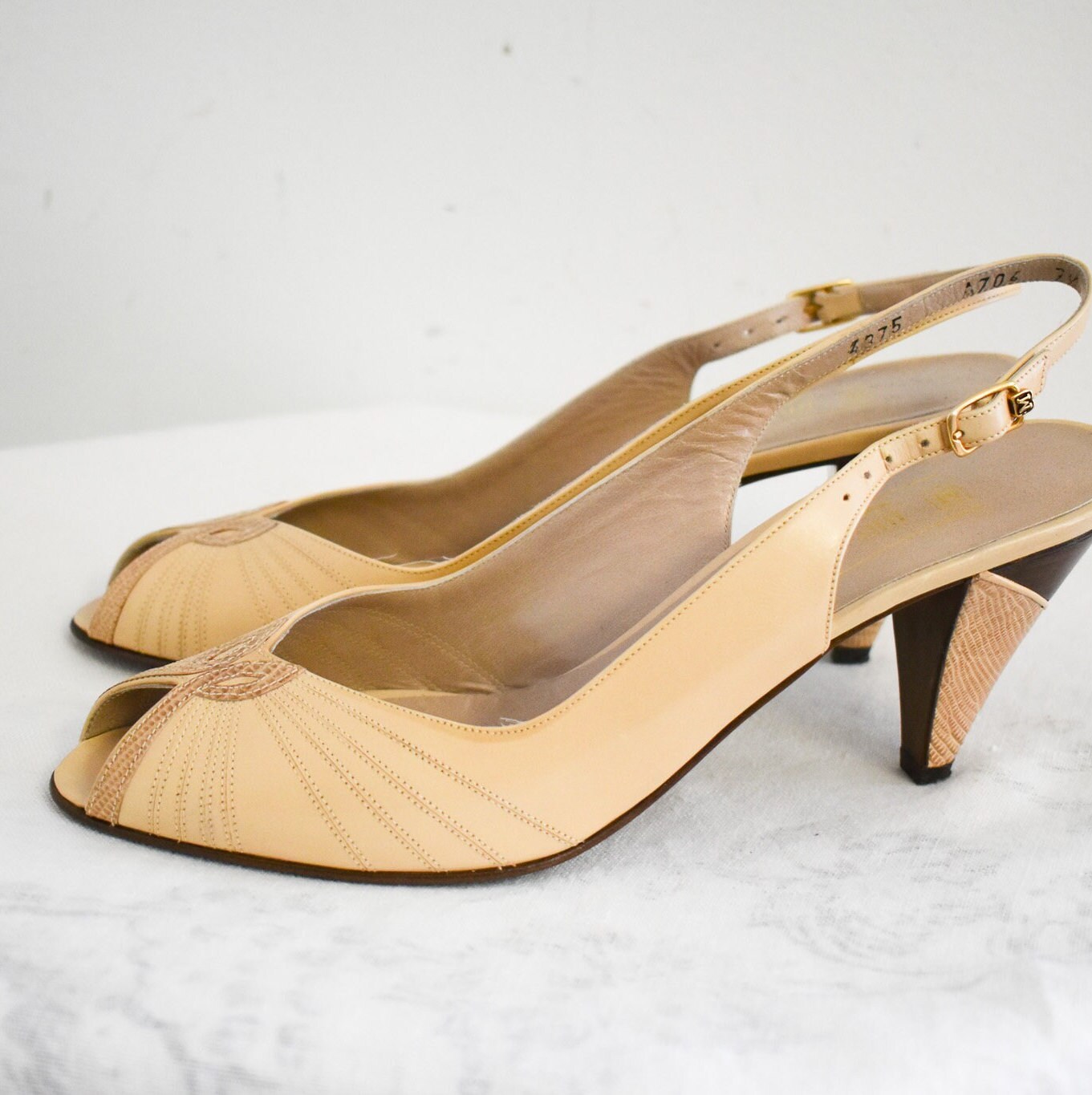 1970s/80s Bruno Magli Beige Leather and Snakeskin Peep Toe Heels