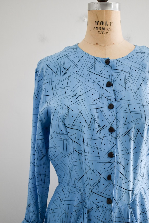 1980s-does-1940s Blue Rayon Dress - image 2