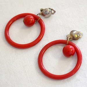 1960s Red Plastic Hoop Dangle Clip Earrings