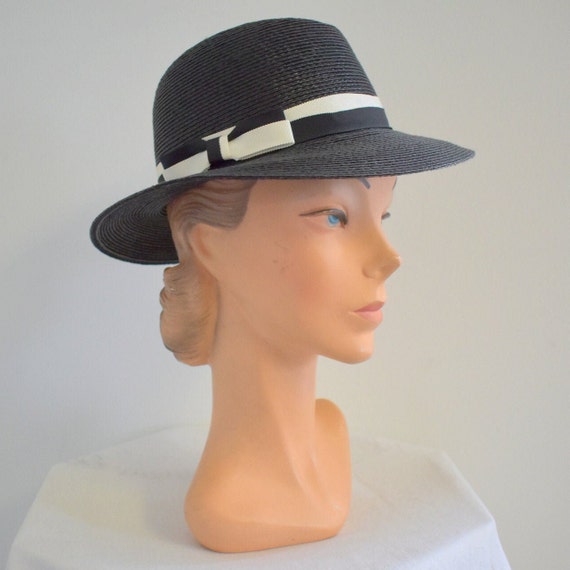 1970s Black Straw Fedora with Black and White Band