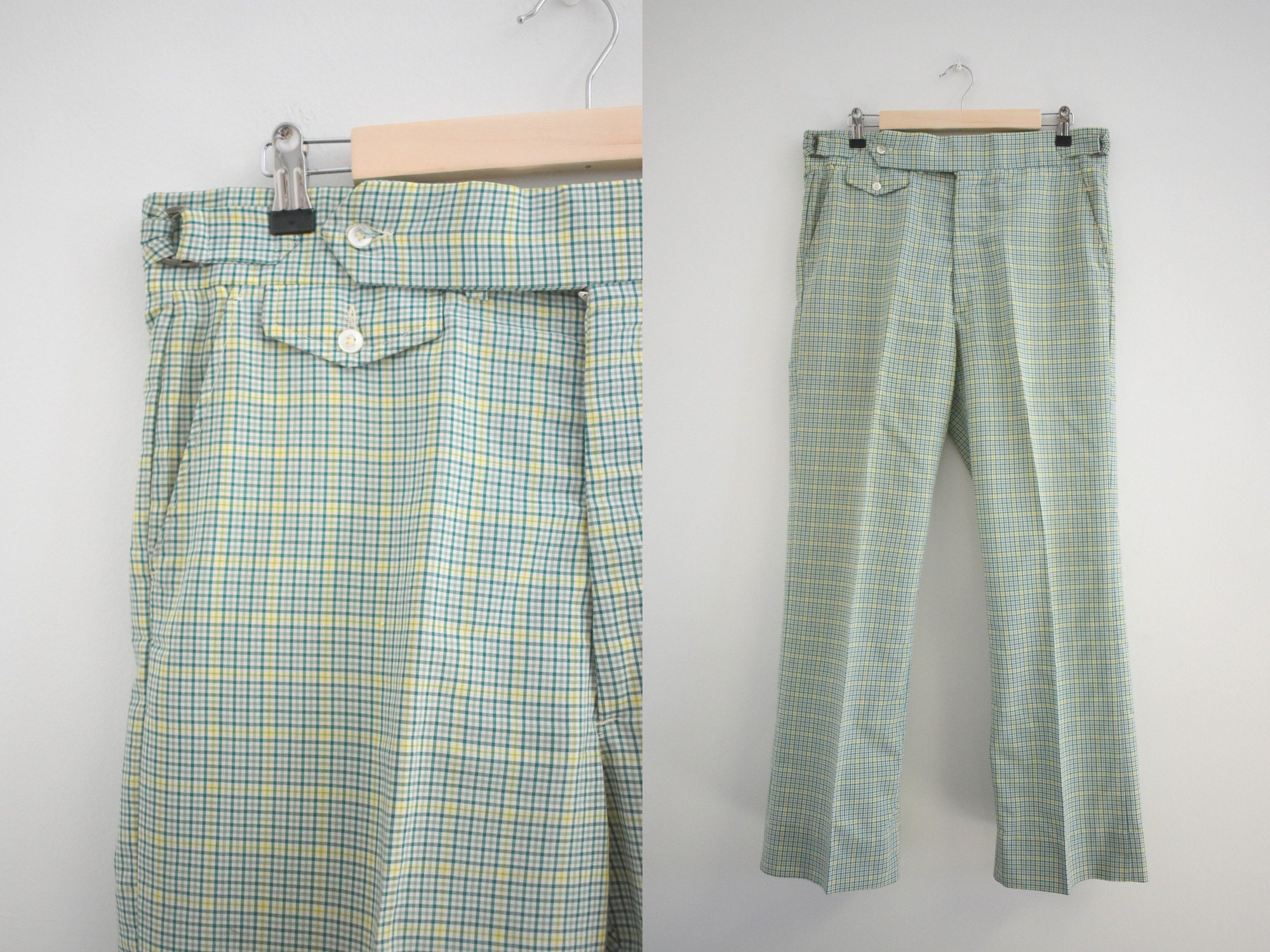 1970s Izod Men's Green Plaid Trousers 