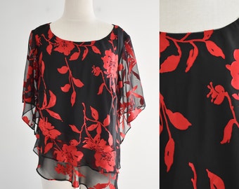 1990s/Y2K Red and Black Floral Asymmetrical Chiffon Blouse