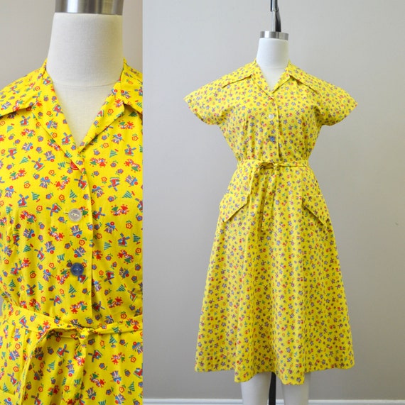 1940s Dutch Print Cotton Shirtwaist Dress - image 1