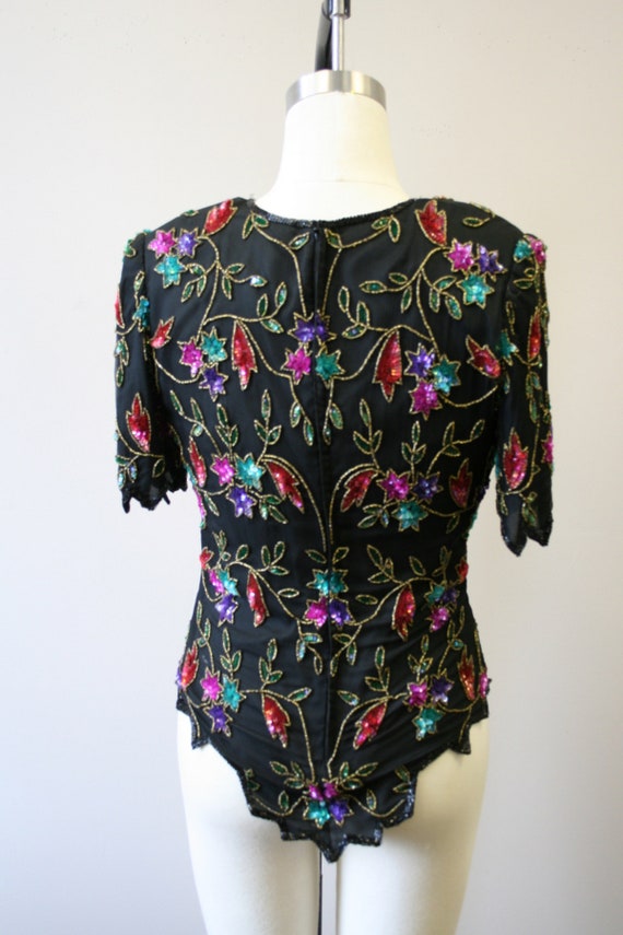1980s Laurence Kazar Floral Sequin and Bead Blouse - image 6
