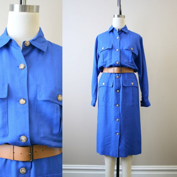 1980s Liz Claiborne Royal Blue Shirt Dress and Bel