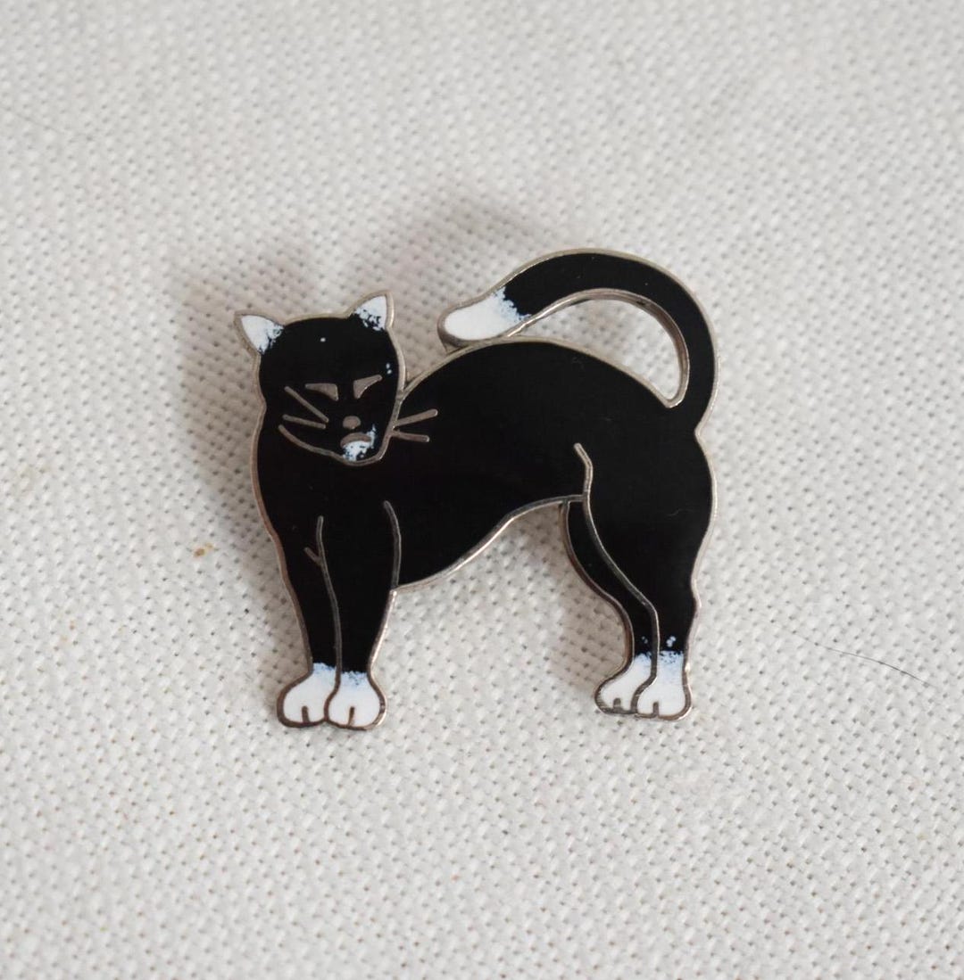 1980s/90s Black and White Enamel Cat Brooch - Etsy