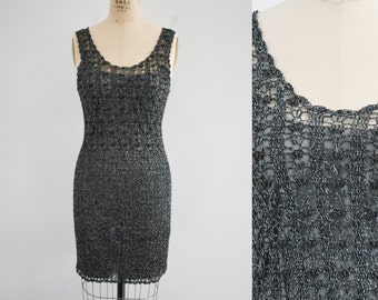 1990s Black and Silver Beaded Crochet Dress