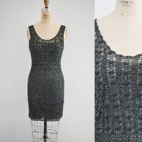 1990s Black and Silver Beaded Crochet Dress - image 1
