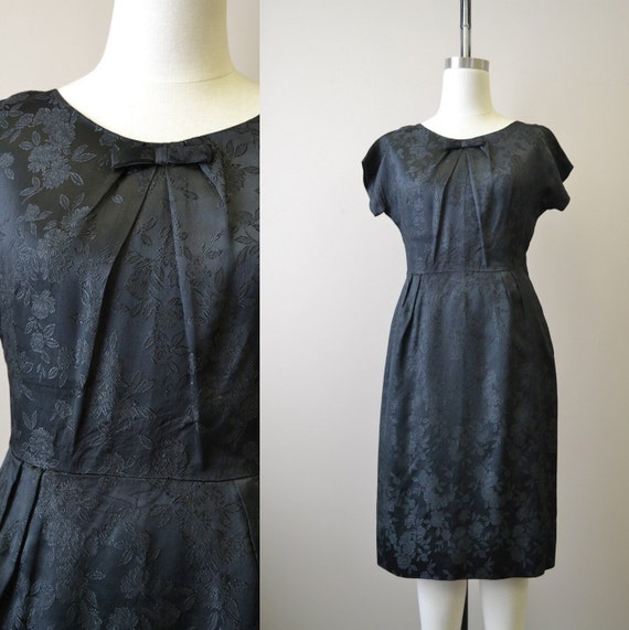 1950s Black Floral Satin Brocade Wiggle Dress - image 1