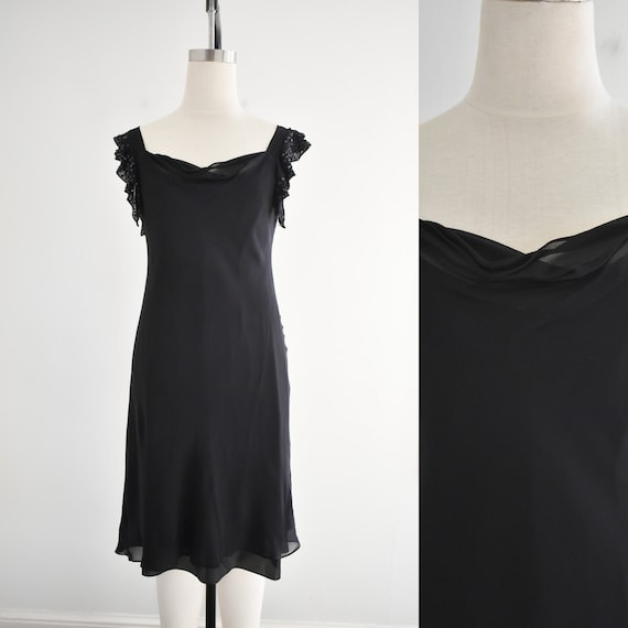 1990s Black Silk Chiffon Dress with Sequin Flutte… - image 1