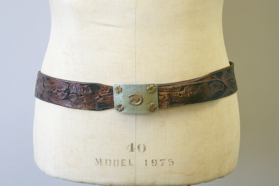 1970s Mens elwood Tooled Leather Belt 