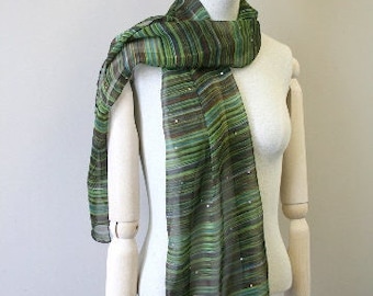 1990s Green Striped Chiffon Scarf