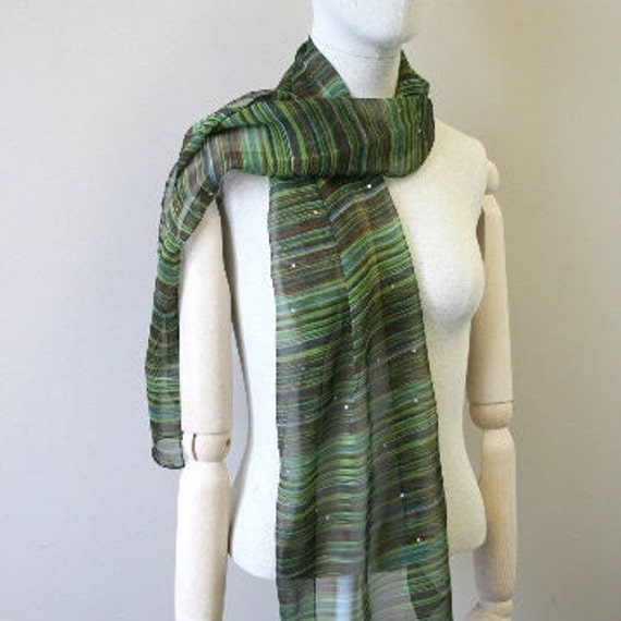 1990s Green Striped Chiffon Scarf - image 1