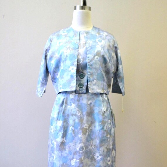 1950s NOS San Su Blue Print Dress and Jacket Set - image 1