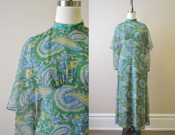 1970s Green Paisley Chiffon Maxi Dress