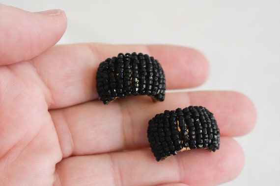 1950s Black Beaded Half Hoop Screw Back Earrings - image 3