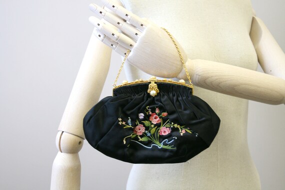 1930s Saks Fifth Ave. Embroidered Silk Satin Purse