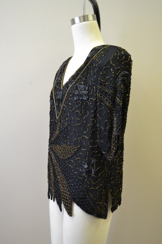 1980s Black Matte Sequin Blouse - image 4