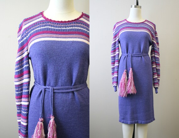 1970s Purple and Pink Sweater Dress with Belt