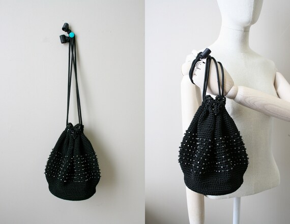 1930s Black Beaded Crochet Drawstring Purse
