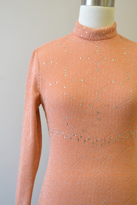 1970s Julie Francis Peach Knit Sparkle Maxi Dress - image 2