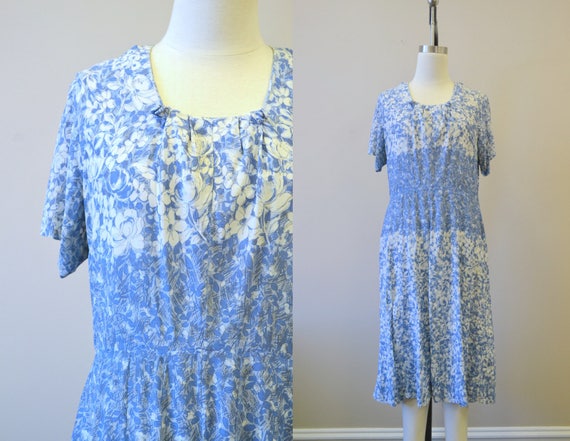 1940s Blue Floral Jersey Dress