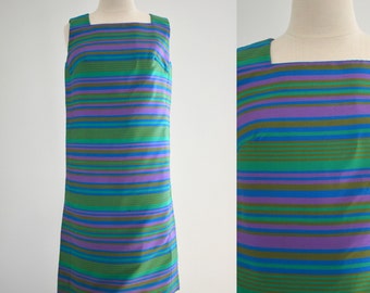 1960s Green and Purple Faux Silk Striped Shift Dress