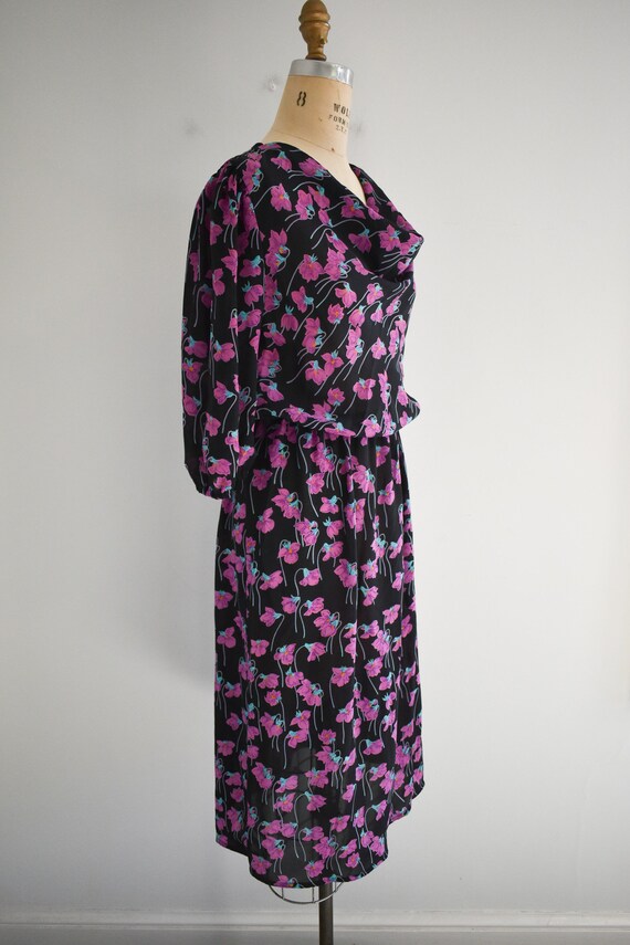 MARITA vintage evening dress gown, 1970s floral poly chiffon cape back scarf dress