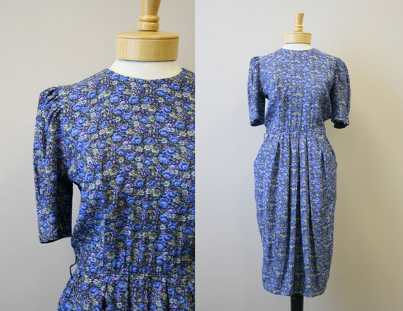 1980s-does-1940s Blue Floral Rayon Dress