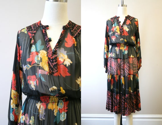 1970s Adini Floral Chiffon Tiered Midi Dress