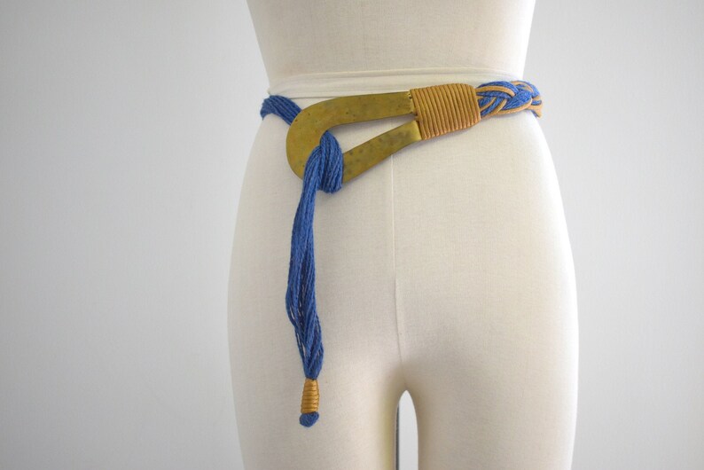 1980s Hammered Brass and Blue Jute Hip Belt