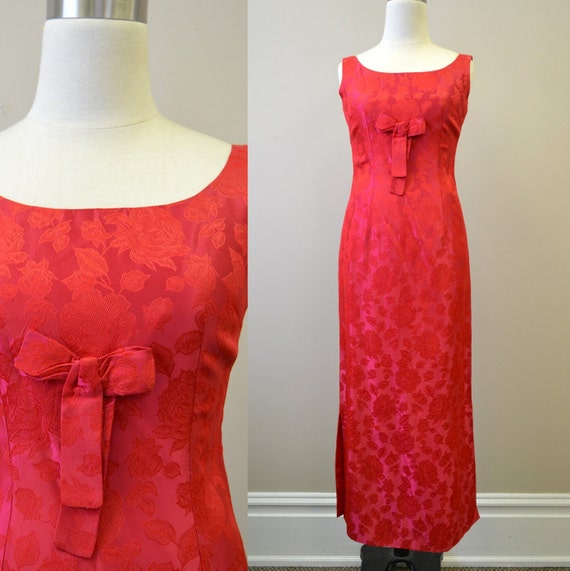 1960s Red Rose Brocade Column Dress